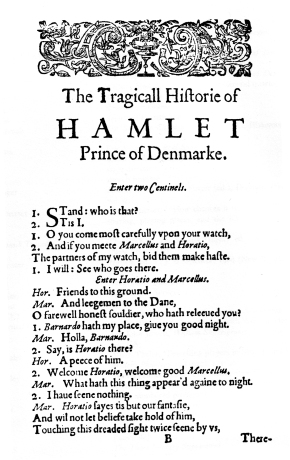 The first page of "Hamlet" from the first quarto version (1603) (public domain photo from Wikimedia Commons)