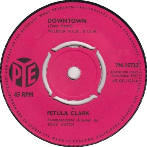 A-side label of the 1964 hit "Downtown," written by Tony Hatch and sung by Petula Clark (public domain photo)
