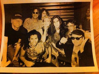Sass Jordan in the recording studio in the early '90s with Matt Sorum, Tom Petersson, Stevie Salas (front, 2nd from left), Brian Tichy, and Rick Neilson (photo courtesy of Sass Jordan)