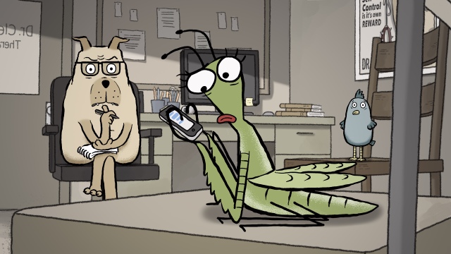 Cheryl the praying mantis showing signs of ADHD during her group therapy session in Alison Snowden and David Fine's "Animal Behaviour" (still courtesy of the National Film Board of Canada)