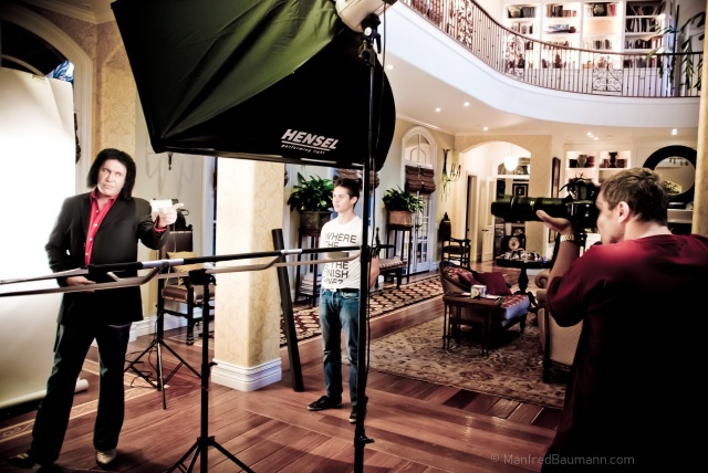 Manfred Baumann on set with rocker Gene Simmons at his home (photo courtesy of Manfred Baumann)