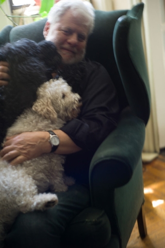 Mark Kurlansky with his dogs Tallulah and Begonia (photo © Sylvia Plachy)