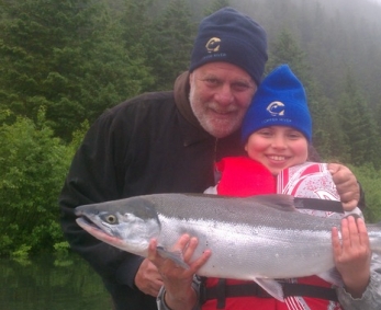 Kurlansky fly fishing for sockeye on the Eyak River, Alaska with his daughter, Talia (photo courtesy of Mark Kurlansky)