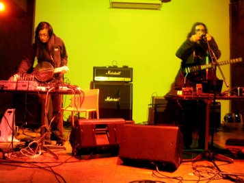 Japanese noise artist Merzbow (L) and Alan Courtis collaborating in 2014 (photo courtesy of Alan Courtis)